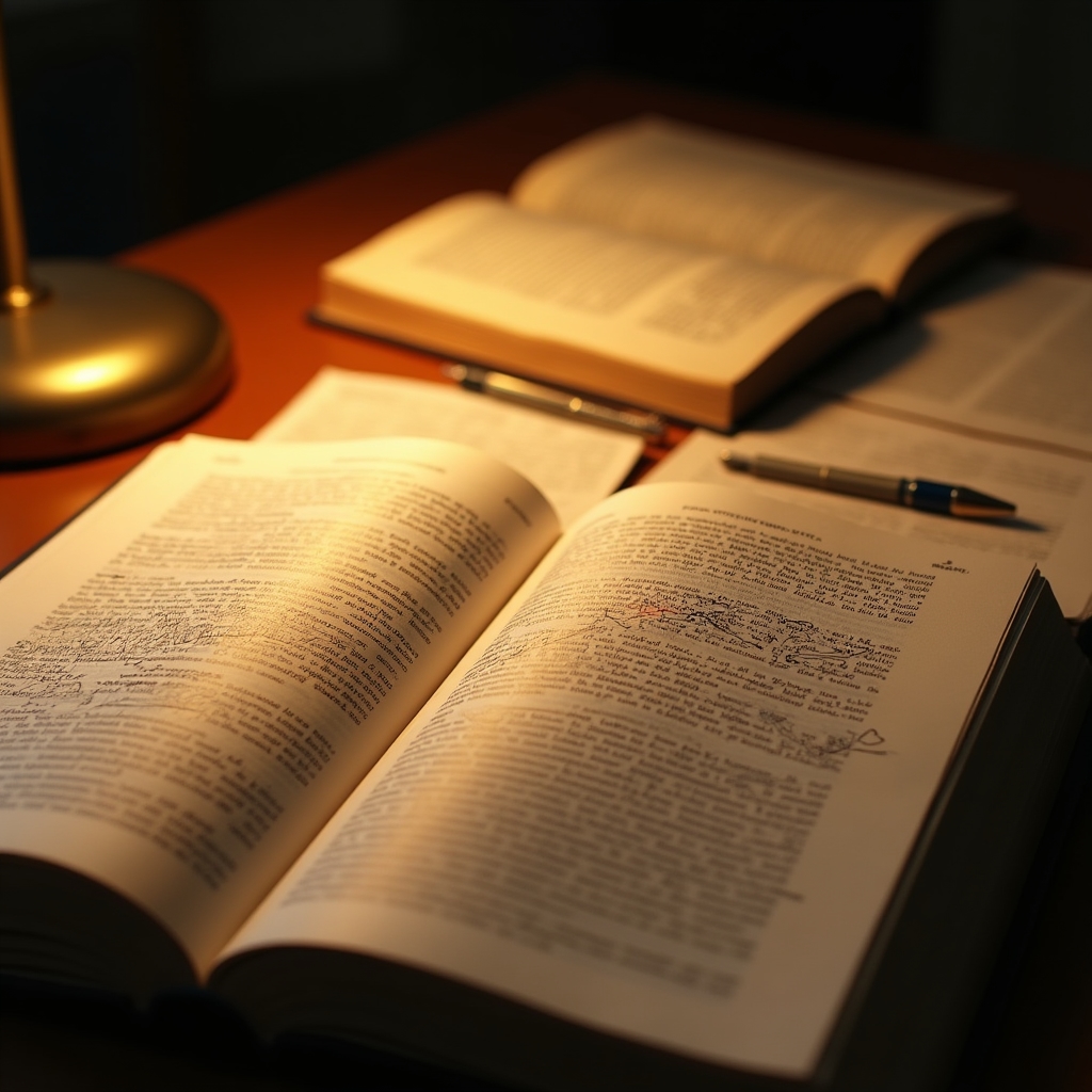 Close-up of open research books and handwritten notes on behavioral psychology, warm desk lamp light
