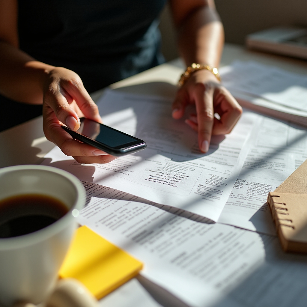 Close-up of a person's hands sorting through papers and a phone simultaneously, illustrating cognitive load