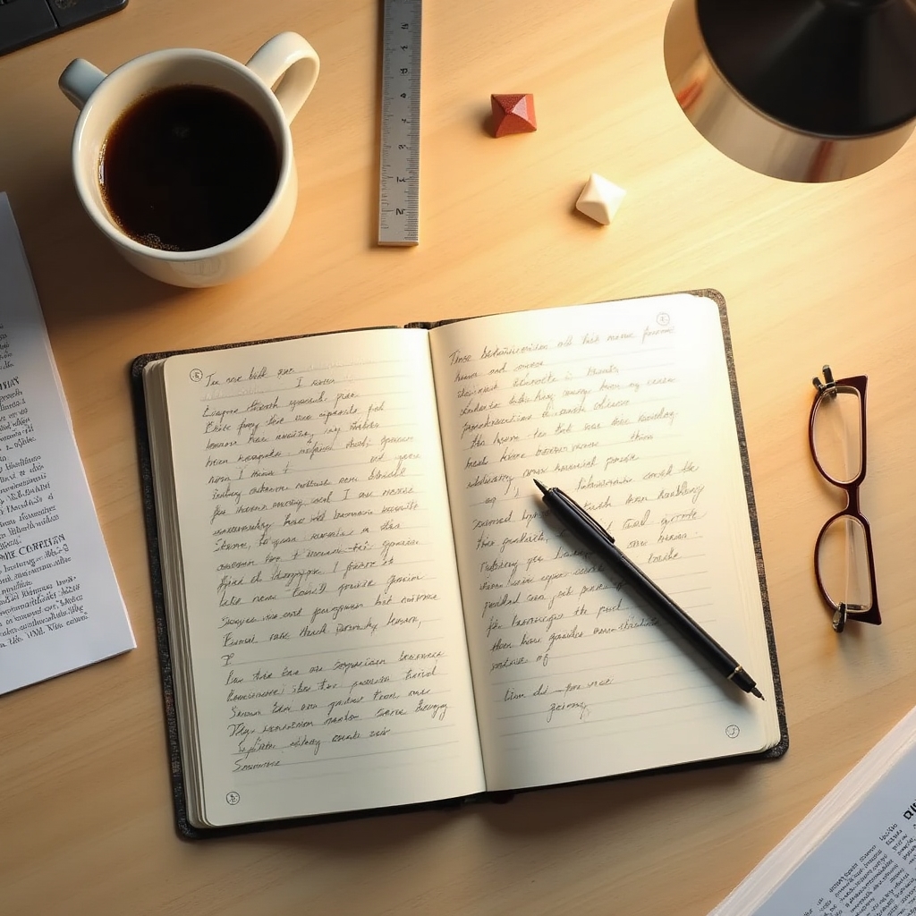 Overhead view of a journal open on a desk with a pen and coffee cup, used for behavioral self-observation