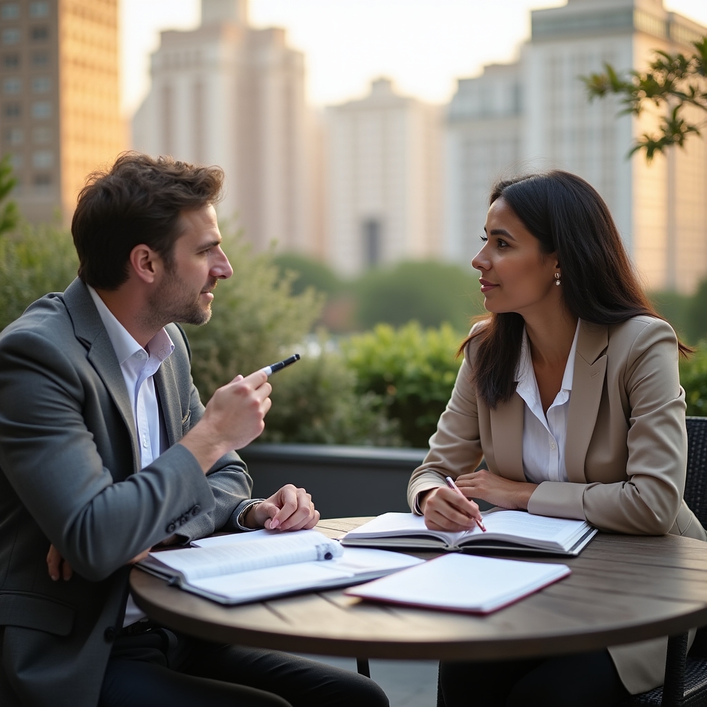 Two people in a focused conversation at an outdoor table, notebooks open, urban environment