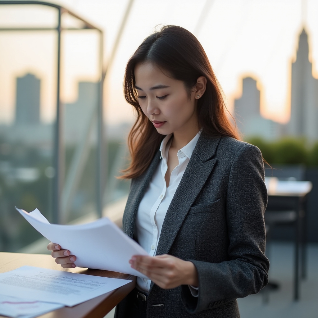 Professional woman at a standing desk in an outdoor terrace workspace, reviewing documents with a focused expression, city skyline visible