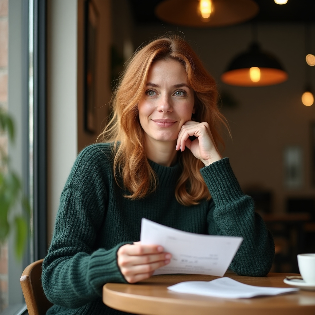 Person reviewing a receipt at a cafe table, thoughtful expression, natural light from window