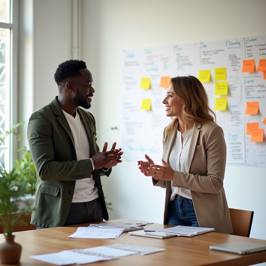 Two team members in focused discussion at a bright, plant-filled office space with natural light and geometric wall art
