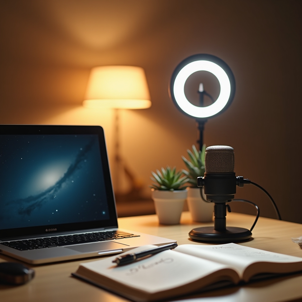 Clean webinar recording setup with laptop, ring light, microphone and notebook on a modern desk, warm ambient lighting