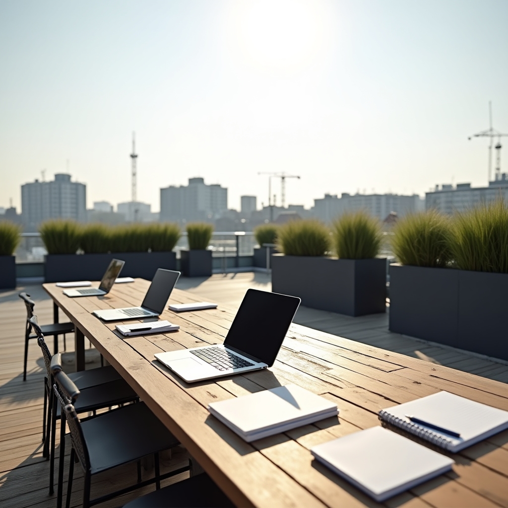 Outdoor rooftop workspace with laptops and notebooks, overlooking Szczecin urban skyline, morning light